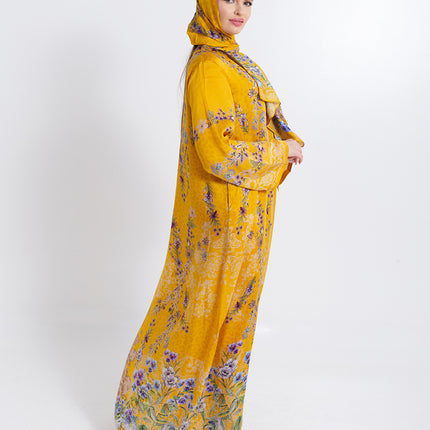 Saira Mustard Bloom Cupro Satin Kaftan Set with Matching Scarf