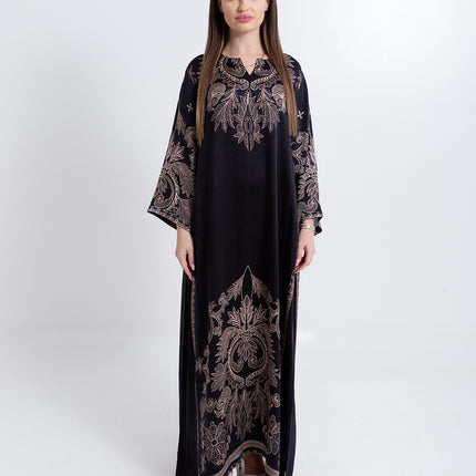 Noora Black Heritage Cupro Satin Kaftan Set with Matching Scarf