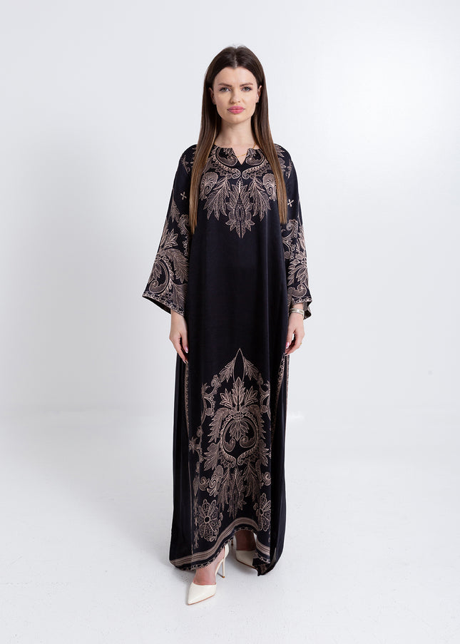 Noora Black Heritage Cupro Satin Kaftan Set with Matching Scarf