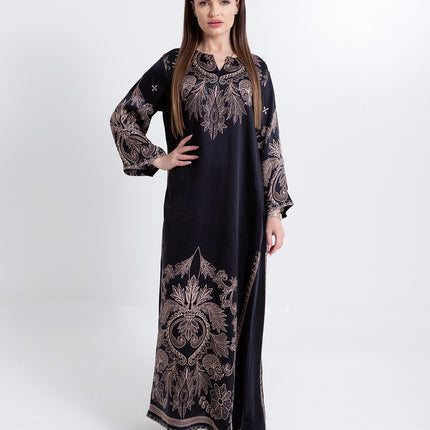 Noora Black Heritage Cupro Satin Kaftan Set with Matching Scarf