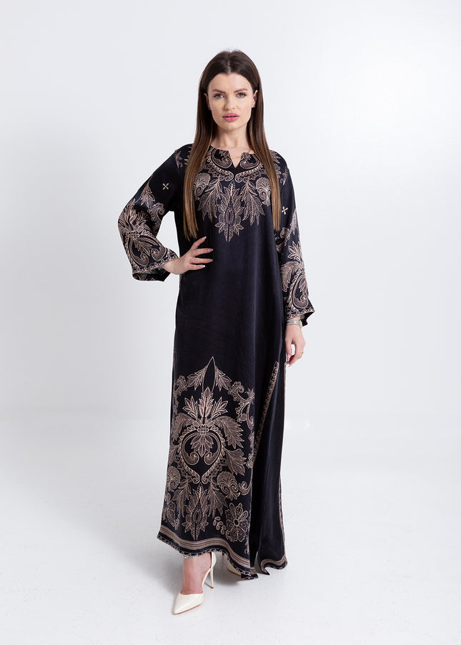 Noora Black Heritage Cupro Satin Kaftan Set with Matching Scarf