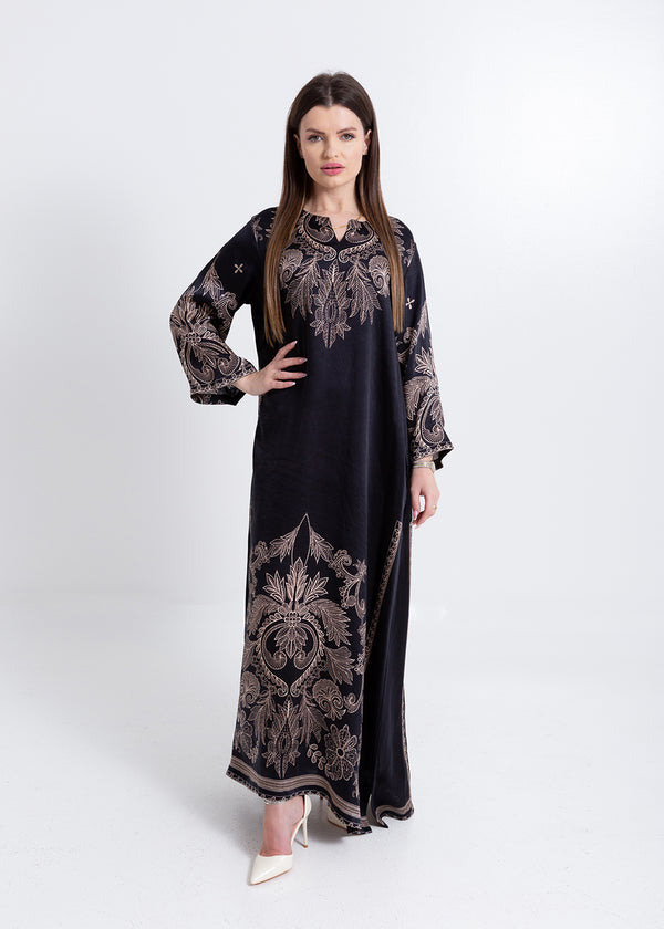 Noora Black Heritage Cupro Satin Kaftan Set with Matching Scarf