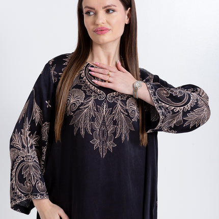Noora Black Heritage Cupro Satin Kaftan Set with Matching Scarf