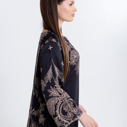 Noora Black Heritage Cupro Satin Kaftan Set with Matching Scarf