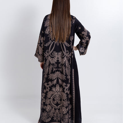 Noora Black Heritage Cupro Satin Kaftan Set with Matching Scarf