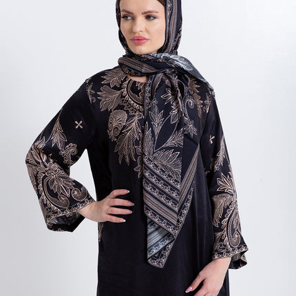 Noora Black Heritage Cupro Satin Kaftan Set with Matching Scarf
