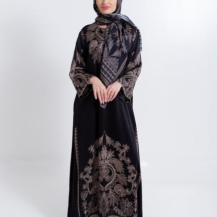 Noora Black Heritage Cupro Satin Kaftan Set with Matching Scarf