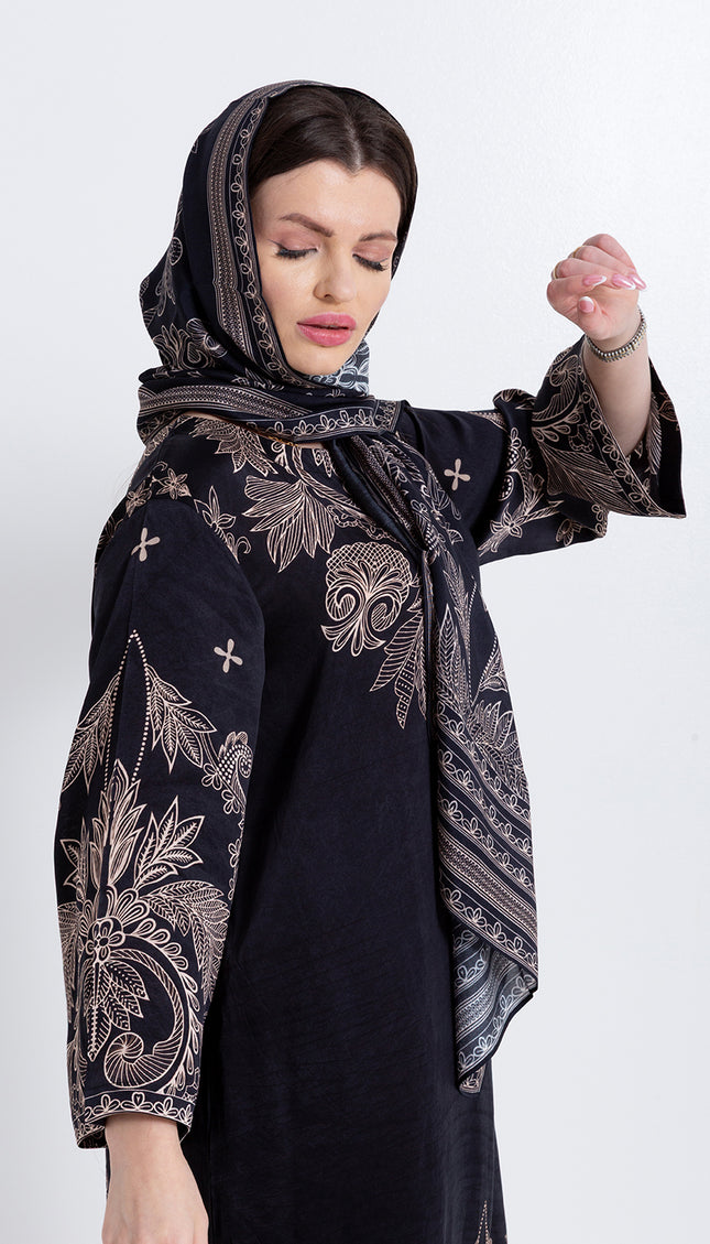 Noora Black Heritage Cupro Satin Kaftan Set with Matching Scarf