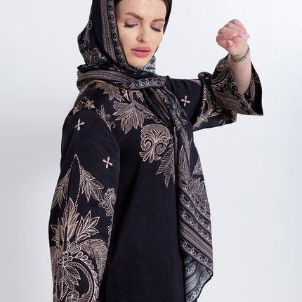 Noora Black Heritage Cupro Satin Kaftan Set with Matching Scarf