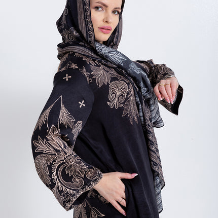Noora Black Heritage Cupro Satin Kaftan Set with Matching Scarf