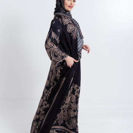 Noora Black Heritage Cupro Satin Kaftan Set with Matching Scarf