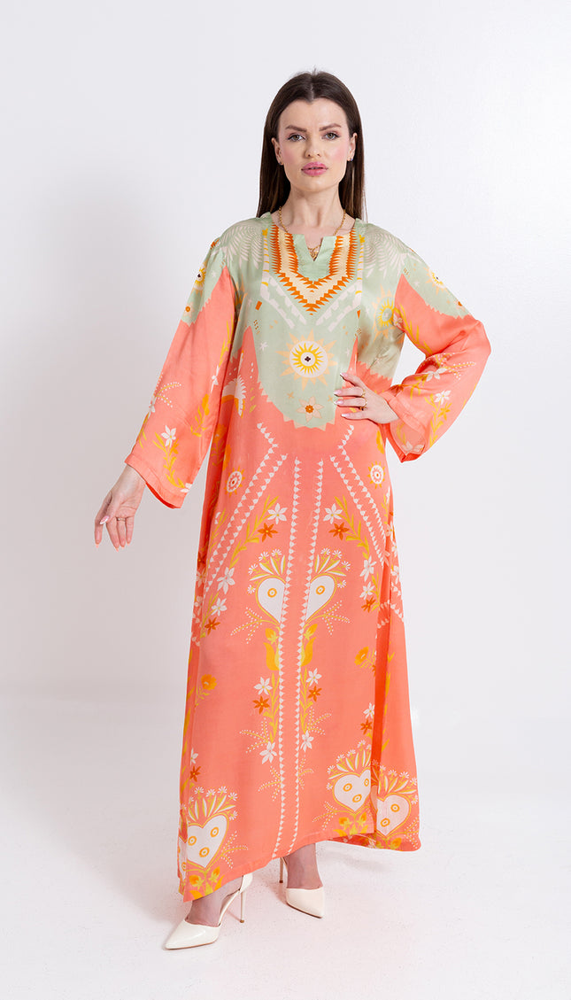 Noura Peach Coral Cupro Satin Kaftan Set with Matching Scarf