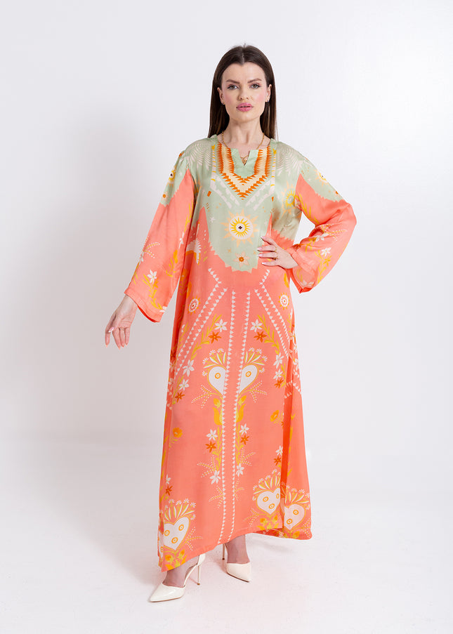 Noura Peach Coral Cupro Satin Kaftan Set with Matching Scarf