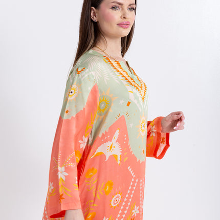 Noura Peach Coral Cupro Satin Kaftan Set with Matching Scarf