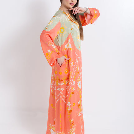 Noura Peach Coral Cupro Satin Kaftan Set with Matching Scarf