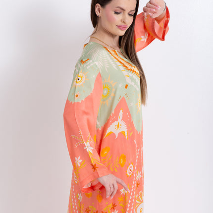 Noura Peach Coral Cupro Satin Kaftan Set with Matching Scarf
