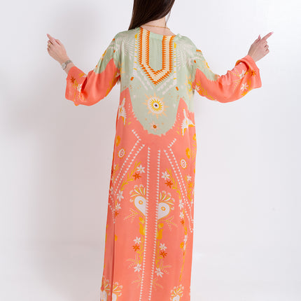 Noura Peach Coral Cupro Satin Kaftan Set with Matching Scarf