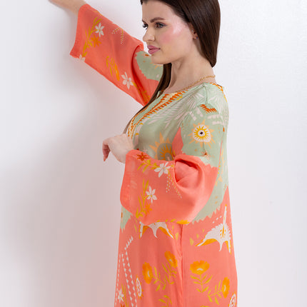 Noura Peach Coral Cupro Satin Kaftan Set with Matching Scarf