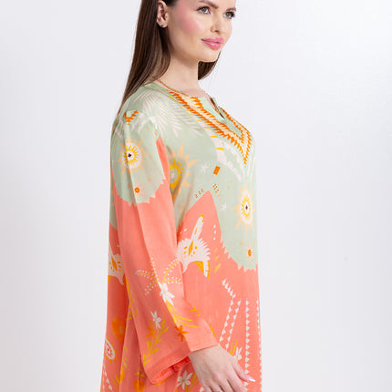 Noura Peach Coral Cupro Satin Kaftan Set with Matching Scarf