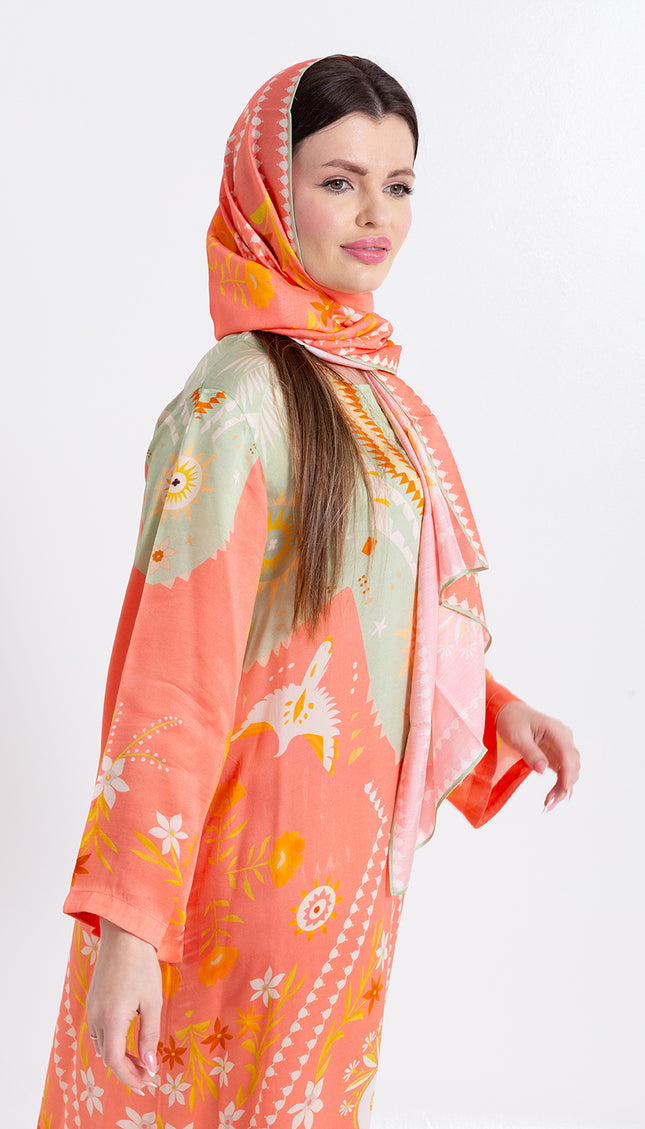 Noura Peach Coral Cupro Satin Kaftan Set with Matching Scarf