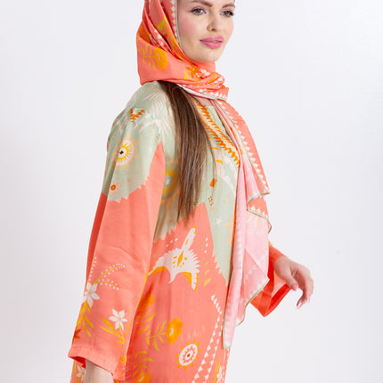 Noura Peach Coral Cupro Satin Kaftan Set with Matching Scarf