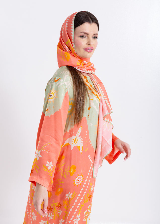 Noura Peach Coral Cupro Satin Kaftan Set with Matching Scarf