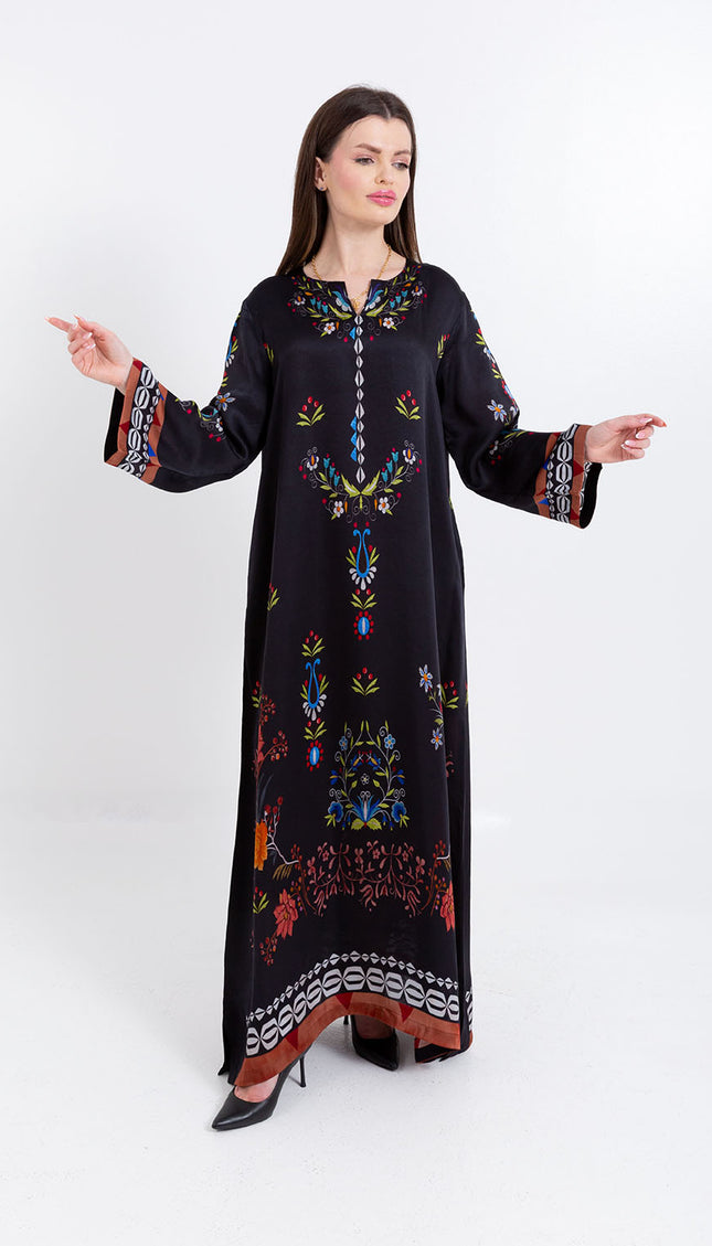 Ariya Black Floral Cupro Satin Kaftan Set with Matching Scarf