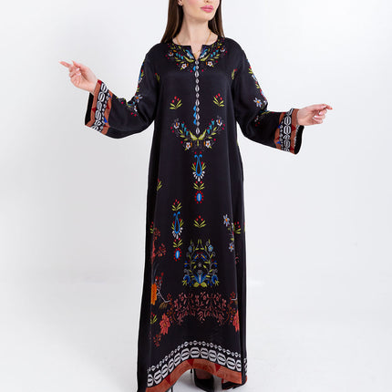 Ariya Black Floral Cupro Satin Kaftan Set with Matching Scarf