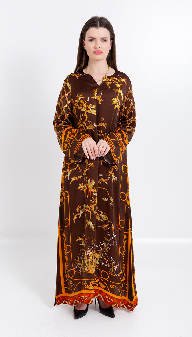 Aurelia Mocha Brown Cupro Satin Kaftan Set with Matching Scarf
