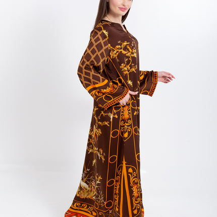 Aurelia Mocha Brown Cupro Satin Kaftan Set with Matching Scarf