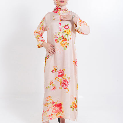 Aaliya Blush Rose Cupro Satin Kaftan Set with Matching Scarf