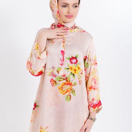 Aaliya Blush Rose Cupro Satin Kaftan Set with Matching Scarf