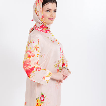 Aaliya Blush Rose Cupro Satin Kaftan Set with Matching Scarf
