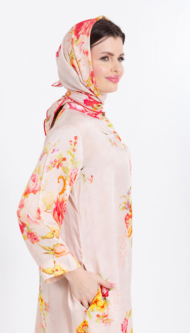 Aaliya Blush Rose Cupro Satin Kaftan Set with Matching Scarf