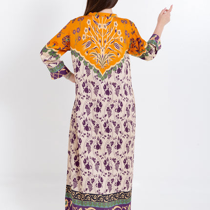 Zoya Ivory Amber Cupro Satin Kaftan Set with Matching Scarf