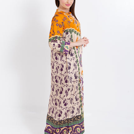 Zoya Ivory Amber Cupro Satin Kaftan Set with Matching Scarf