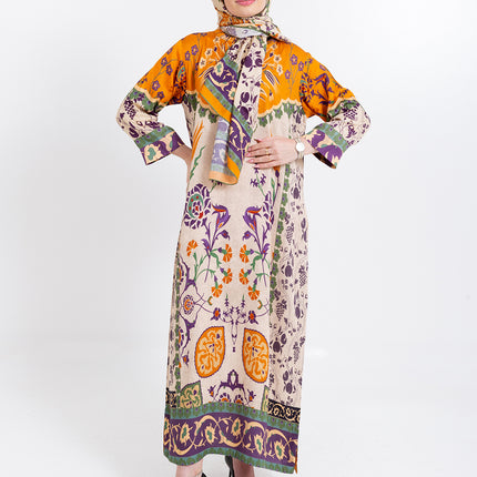 Zoya Ivory Amber Cupro Satin Kaftan Set with Matching Scarf