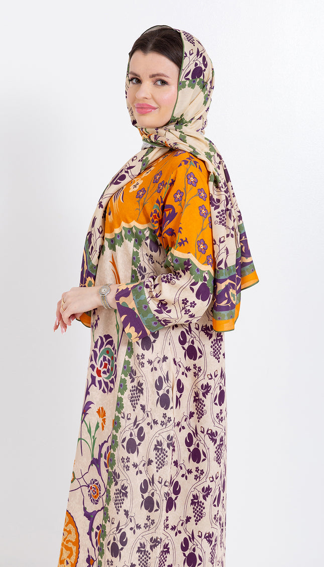 Zoya Ivory Amber Cupro Satin Kaftan Set with Matching Scarf