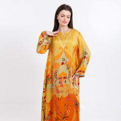 <strong>Zahra Mustard Yellow Cupro Satin Kaftan</strong>