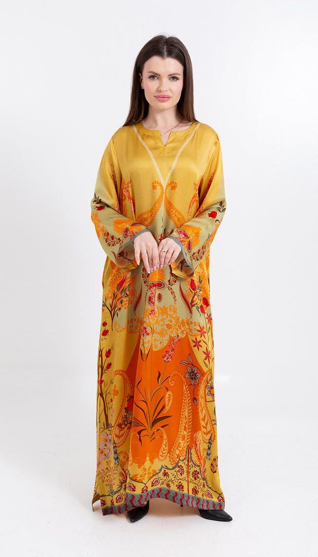 Zahra Mustard Yellow Cupro Satin Kaftan Set with Matching Scarf