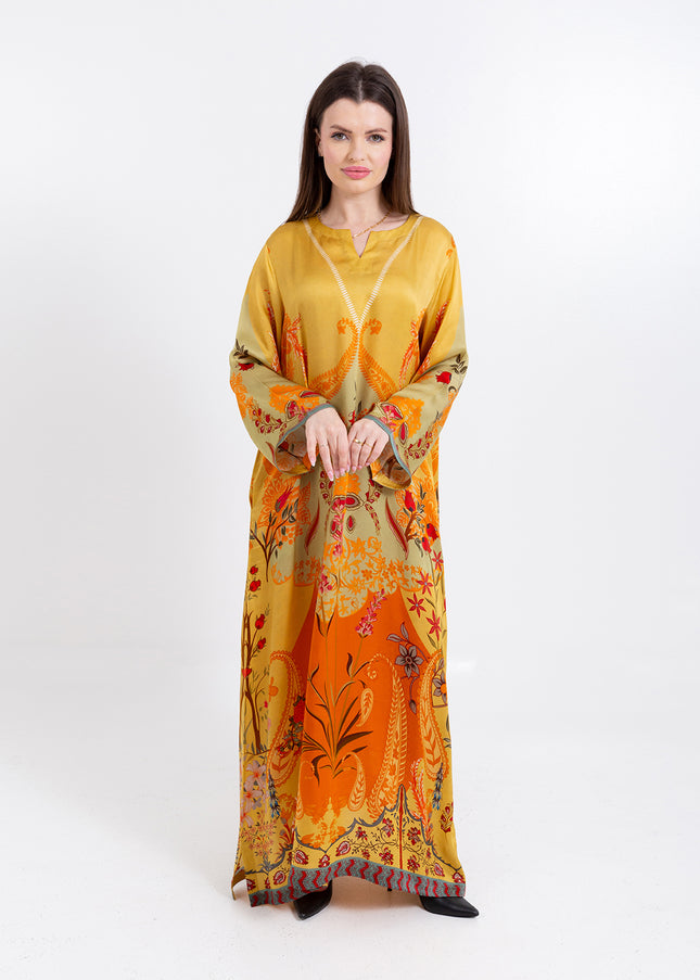 Zahra Mustard Yellow Cupro Satin Kaftan Set with Matching Scarf