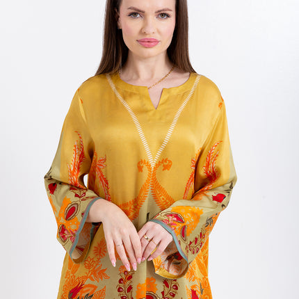 Zahra Mustard Yellow Cupro Satin Kaftan Set with Matching Scarf