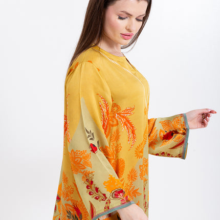 Zahra Mustard Yellow Cupro Satin Kaftan Set with Matching Scarf