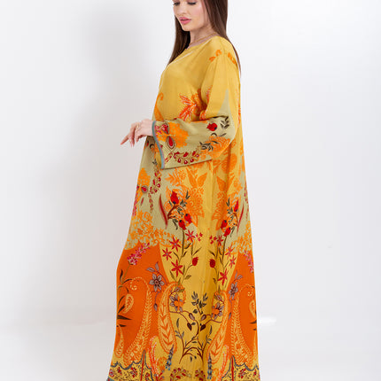 Zahra Mustard Yellow Cupro Satin Kaftan Set with Matching Scarf