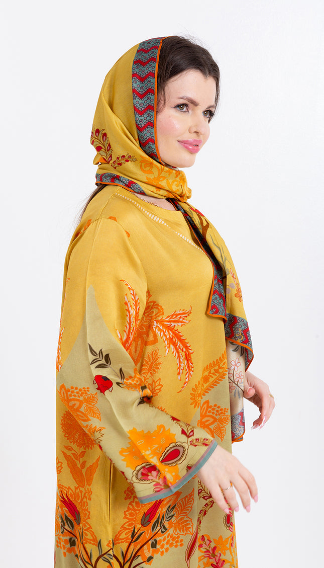 Zahra Mustard Yellow Cupro Satin Kaftan Set with Matching Scarf