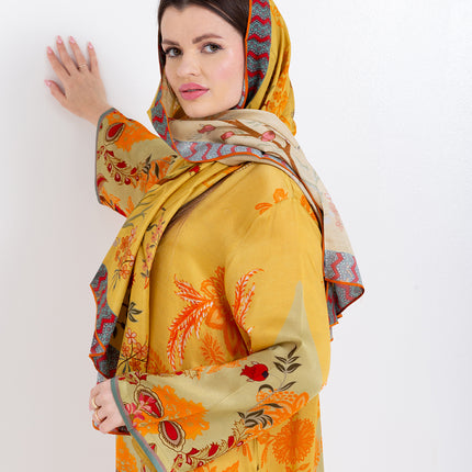 Zahra Mustard Yellow Cupro Satin Kaftan Set with Matching Scarf