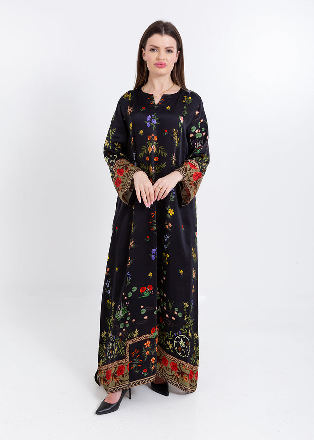 Meher Black Garden Cupro Satin Kaftan Set with Matching Scarf