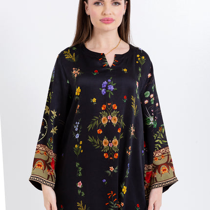 Meher Black Garden Cupro Satin Kaftan Set with Matching Scarf