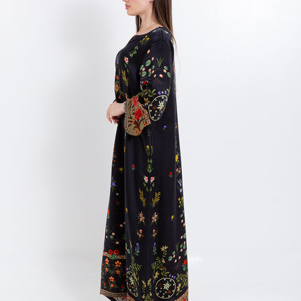Meher Black Garden Cupro Satin Kaftan Set with Matching Scarf