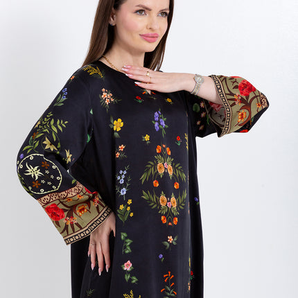 Meher Black Garden Cupro Satin Kaftan Set with Matching Scarf